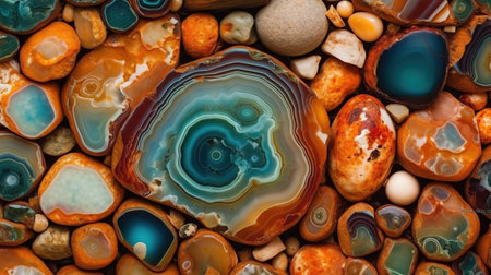 Generative AI, natural volcanic agate stones close-up turquoise, brown and orange texture. Wallpaper background, quartz marble, decorative rock patternの素材
