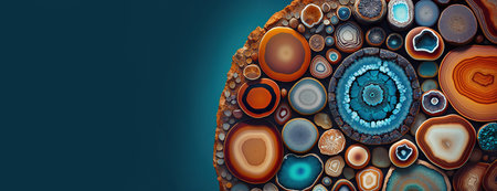 Generative AI, natural volcanic agate stones close-up turquoise, brown and orange texture. Wallpaper background, quartz marble, decorative rock patternの素材