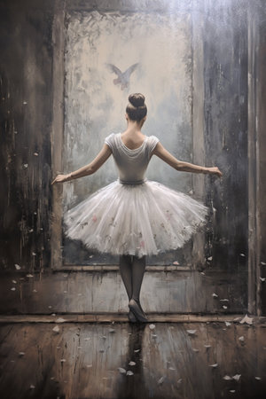 Generative AI, Dancing ballerina woman or girl, dynamic motion. Ink paint colorful splashes street graffiti art on a textured wall, hyper realism style, inspired by Banksy.の素材