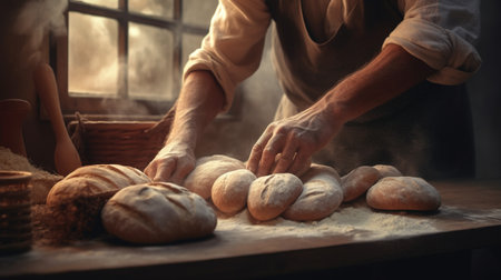 Generative AI, Hands of baker in restaurant or home kitchen, prepares ecologically natural pastries or breadの素材