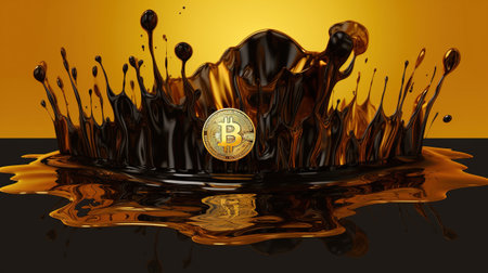 Generative AI, Bitcoin with golden yellow and black liquid, Digital Cryptocurrency coin. Mining or blockchain technologyの素材