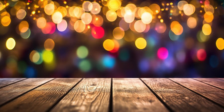 Generative AI, Empty wooden table top with blurred lights bokeh background.の素材