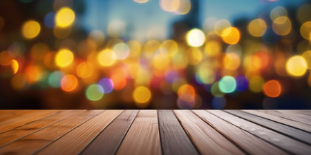 Generative AI, Empty wooden table top with blurred lights bokeh background.の素材
