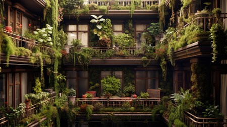 Generative AI, beautiful balcony surrounded by a tropical style garden, blooming flowers and green plantsの素材