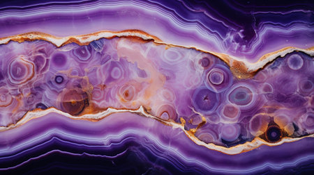 Generative AI, natural volcanic agate stones close-up light digital lavender and golden texture. Wallpaper background, quartz marble, decorative rock pattern.の素材