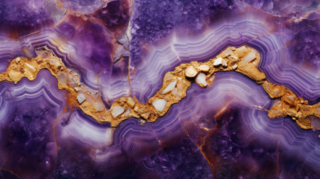 Generative AI, natural volcanic agate stones close-up light digital lavender and golden texture. Wallpaper background, quartz marble, decorative rock pattern.の素材