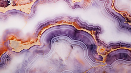 Generative AI, natural volcanic agate stones close-up light digital lavender and golden texture. Wallpaper background, quartz marble, decorative rock pattern.の素材