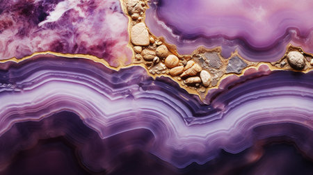 Generative AI, natural volcanic agate stones close-up light digital lavender and golden texture. Wallpaper background, quartz marble, decorative rock pattern.の素材