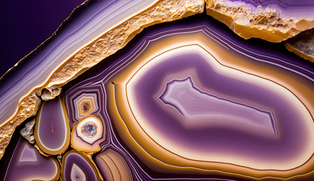 Generative AI, natural volcanic agate stones close-up light digital lavender and golden texture. Wallpaper background, quartz marble, decorative rock pattern.の素材