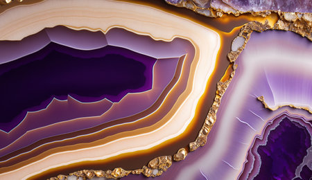 Generative AI, natural volcanic agate stones close-up light digital lavender and golden texture. Wallpaper background, quartz marble, decorative rock pattern.の素材