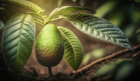 Generative AI, Avocado plantation, growing fruit hanging in the tree.の素材
