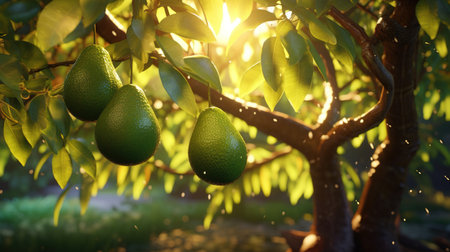 Generative AI, Avocado plantation, growing fruit hanging in the tree.の素材