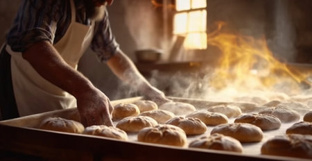 Generative AI, Hands of baker in restaurant or home kitchen, prepares ecologically natural pastriesの素材