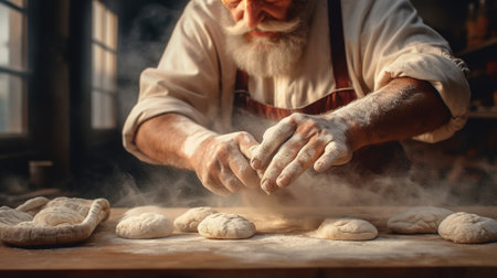 Generative AI, Old man hands of baker in restaurant or home kitchen, prepares ecologically natural pastries.の素材