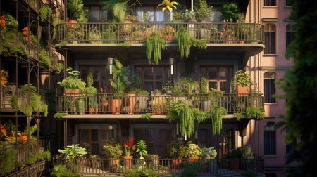 Generative AI, beautiful balcony surrounded by a tropical style garden, blooming flowers and green plantsの素材