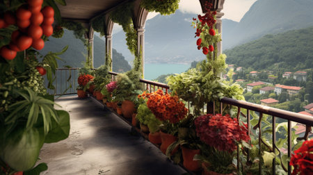 Generative AI, beautiful balcony surrounded by a tropical style garden, blooming flowers and green plantsの素材