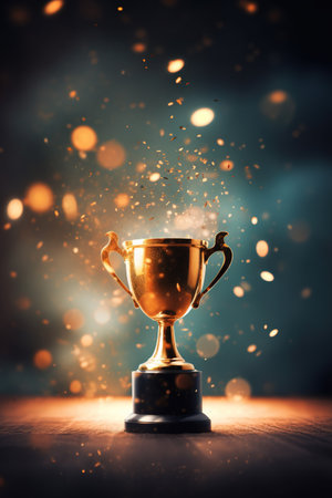Generative AI, Winner trophy with flames, golden champion cup with falling confetti on dark vertical backgroundの素材