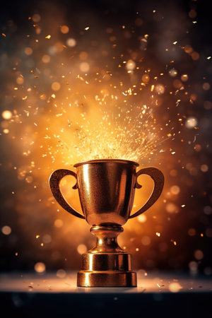 Generative AI, Winner trophy with flames, golden champion cup with falling confetti on dark vertical backgroundの素材