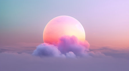 Generative AI, circle shape glowing with neon light inside the soft colorful cloud, fantasy pink and purple skyの素材