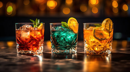 Generative AI, three different bright cocktails glasses on the bar dark background.の素材