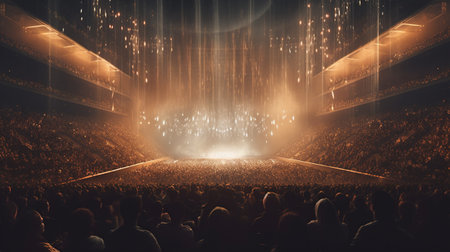Generative AI, People crowd on music rock festival concert in stadium, big stage lit by spotlights.の素材
