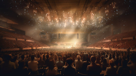 Generative AI, People crowd on music rock festival concert in stadium, big stage lit by spotlights.の素材