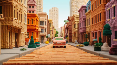 Generative AI, cute street made of crochet, houses, trees, road, cars. Soft colors, dreamy scene cityscape made of crochet materials, wool, fabric, yarn, sewing for backgroundの素材