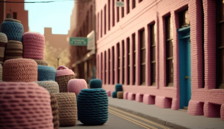 Generative AI, cute street made of crochet, houses, trees, road, cars. Soft colors, dreamy scene cityscape made of crochet materials, wool, fabric, yarn, sewing for backgroundの素材