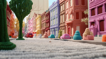 Generative AI, cute street made of crochet, houses, trees, road, cars. Soft colors, dreamy scene cityscape made of crochet materials, wool, fabric, yarn, sewing for backgroundの素材