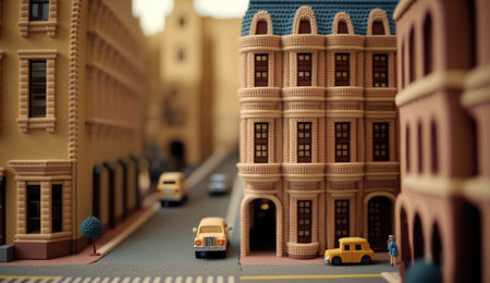 Generative AI, cute street made of crochet, houses, trees, road, cars. Soft colors, dreamy scene cityscape made of crochet materials, wool, fabric, yarn, sewing for backgroundの素材