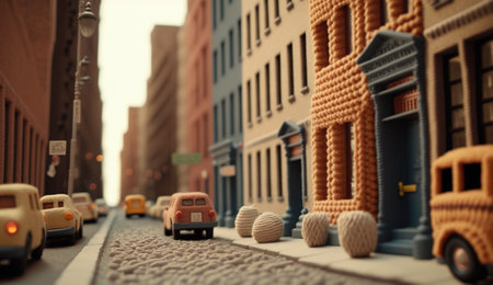 Generative AI, cute street made of crochet, houses, trees, road, cars. Soft colors, dreamy scene cityscape made of crochet materials, wool, fabric, yarn, sewing for backgroundの素材