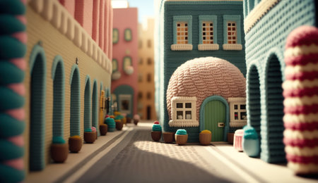 Generative AI, cute street made of crochet, houses, trees, road, cars. Soft colors, dreamy scene cityscape made of crochet materials, wool, fabric, yarn, sewing for backgroundの素材