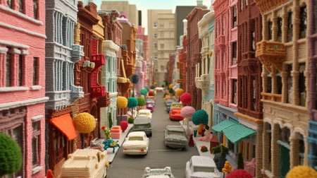 Generative AI, cute street made of crochet, houses, trees, road, cars. Soft colors, dreamy scene cityscape made of crochet materials, wool, fabric, yarn, sewing for backgroundの素材