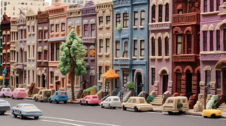 Generative AI, cute street made of crochet, houses, trees, road, cars. Soft colors, dreamy scene cityscape made of crochet materials, wool, fabric, yarn, sewing for backgroundの素材