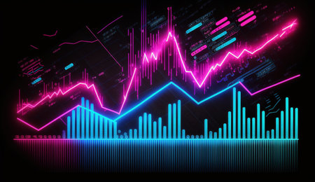 Generative AI, stock market chart lines, financial graph on technology in blue and pink neon colors, financial meltdown. Technology concept, trading market concept.の素材