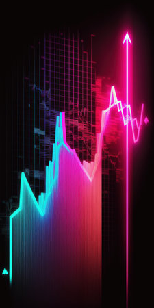 Generative AI, stock market chart lines, financial graph on technology in blue and pink neon colors, financial meltdown. Technology concept, trading market concept.の素材