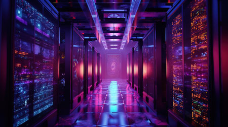 Generative AI, Data Center, modern high technology server room in purple neon colors. Modern telecommunications, cloud computing, artificial intelligence, database.の素材