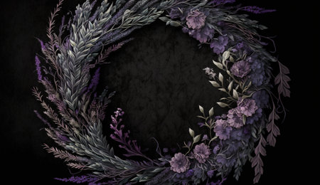 Generative AI, Close up of blooming flowerbeds of amazing lavender purple flowers wreath on dark moody floral textured background, copy space.の素材