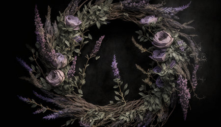 Generative AI, Close up of blooming flowerbeds of amazing lavender purple flowers wreath on dark moody floral textured background, copy space.の素材