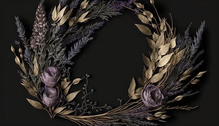 Generative AI, Close up of blooming flowerbeds of amazing lavender purple flowers wreath on dark moody floral textured background, copy space.の素材