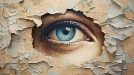 Generative AI, Woman eye looking through a torn hole in vintage paper, blue and beige colors mural. Painted hyperrealistic female art.の素材