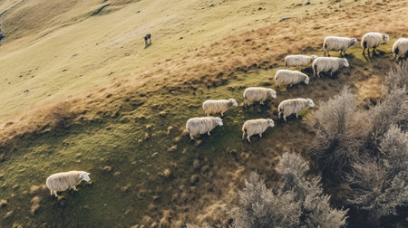 Generative AI, Beautiful green mountains landscape with flock of sheeps grazing on lush grass on farmlandの素材