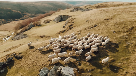 Generative AI, Beautiful green mountains landscape with flock of sheeps grazing on lush grass on farmlandの素材