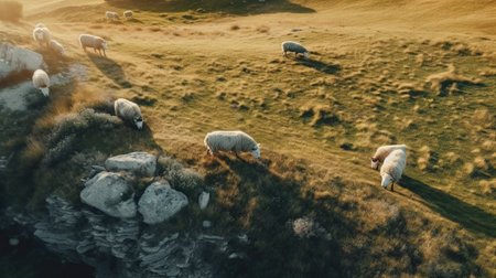 Generative AI, Beautiful green mountains landscape with flock of sheeps grazing on lush grass on farmlandの素材