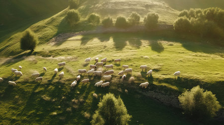 Generative AI, Beautiful green mountains landscape with flock of sheeps grazing on lush grass on farmlandの素材
