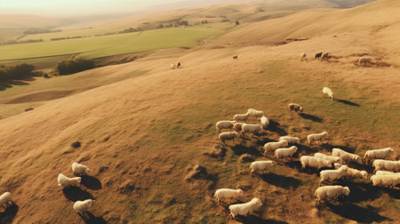 Generative AI, Beautiful green mountains landscape with flock of sheeps grazing on lush grass on farmlandの素材