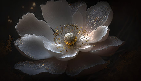 Generative AI, Close up of blooming flowerbeds of amazing white and golden flowers on dark moody floral textured background. photorealistic effect.の素材