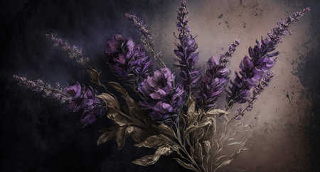 Generative AI, Close up of blooming flowerbeds of amazing lavender purple flowers on dark moody floral textured background. Photorealistic effects..の素材