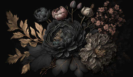 Generative AI, Close up of blooming flowerbeds of amazing black flowers on dark gothic moody floral textured background. photorealistic effect.の素材