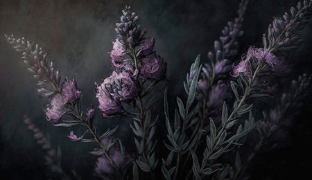 Generative AI, Close up of blooming flowerbeds of amazing lavender purple flowers on dark moody floral textured background. Photorealistic effects..の素材